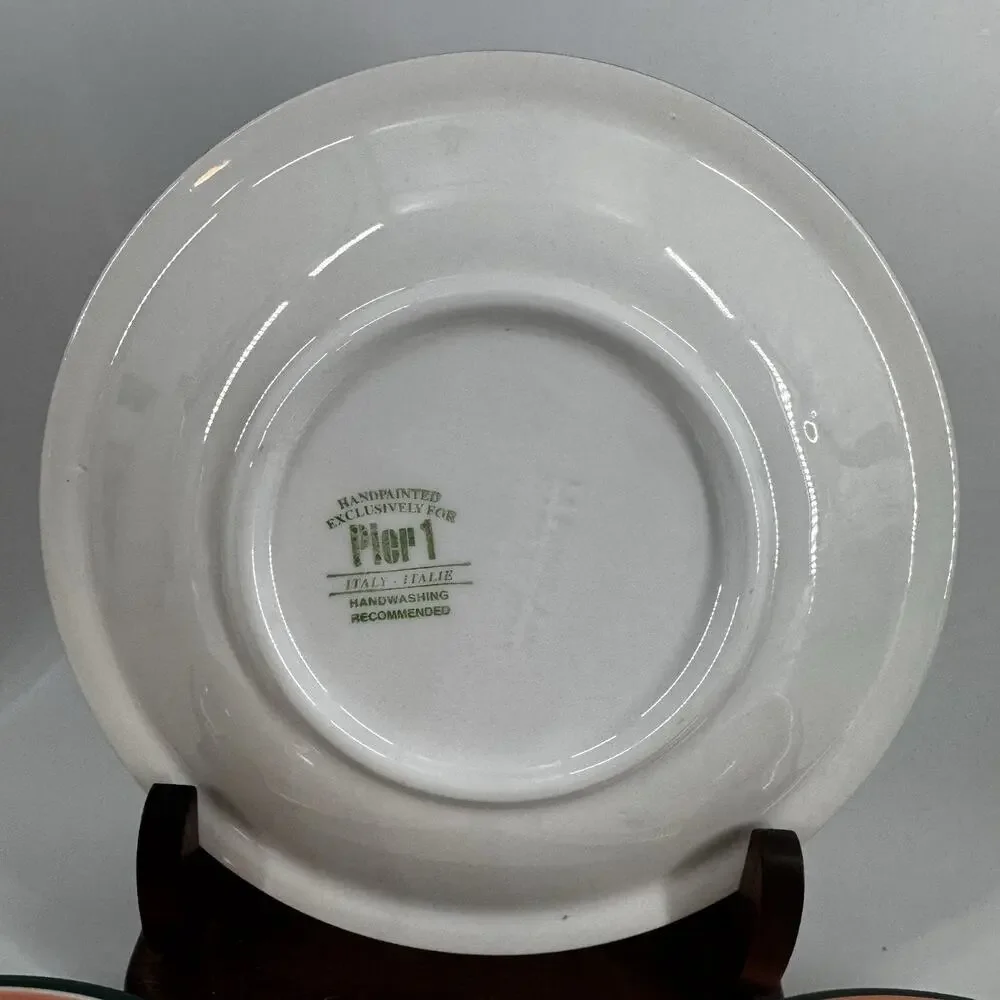 Pier 1 Green Coral Rust Bands Dessert/Salad Plates SET OF 3 Hand Painted ITALY